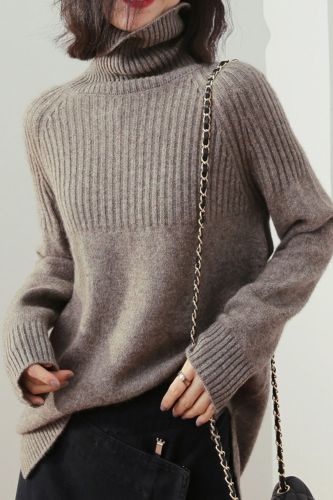 Women Turtleneck Pullovers Solid Striped Knit Loose Sweater
