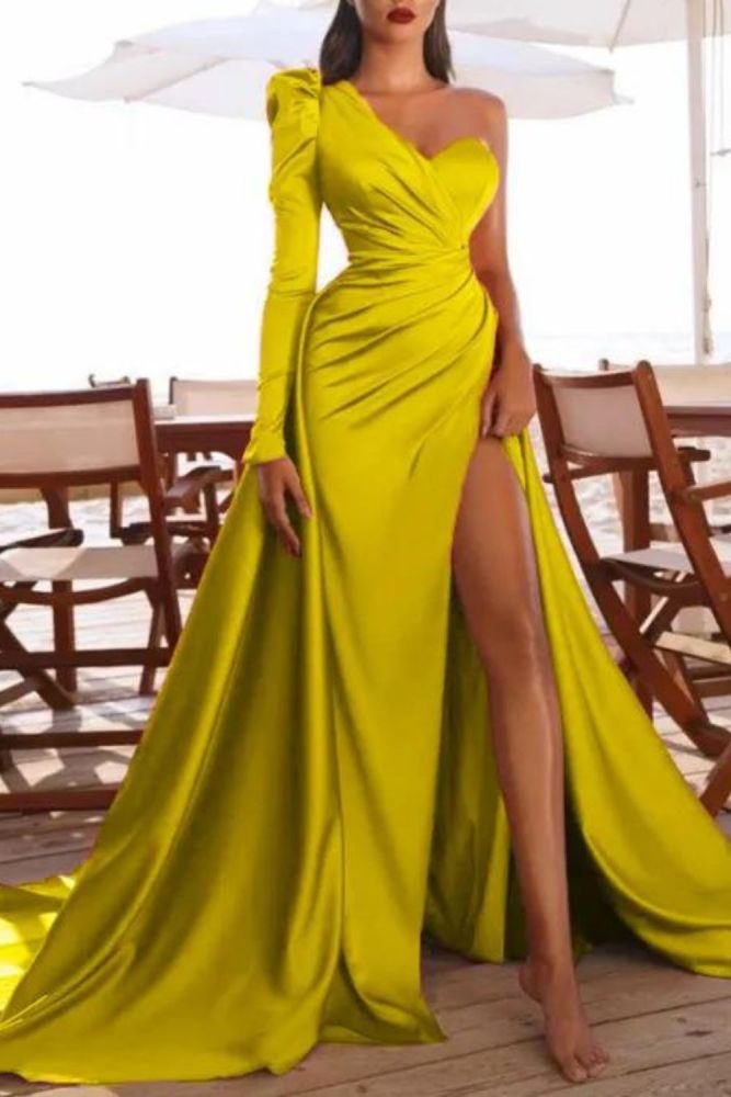 Women's New Long-sleeved Satin High Slit One-shoulder Trailing Banquet Wedding Guest Dresses