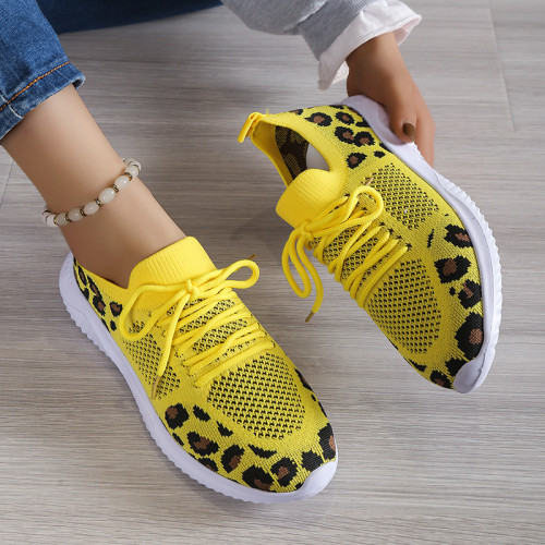 Women's Casual Sneakers Flying Woven Leopard Pattern Breathable Lace-up Running Shoes Women's Footwear