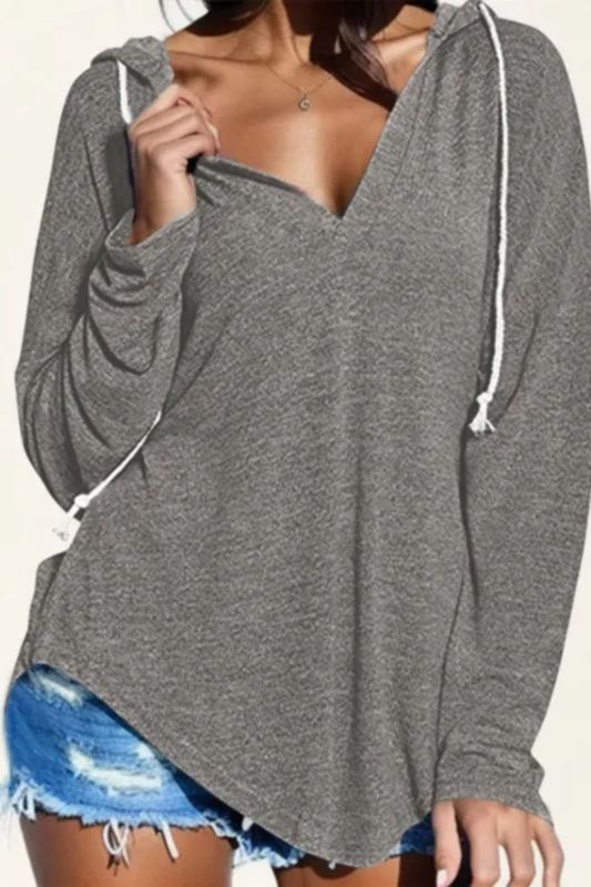 Women V Neck Long Sleeve Casual Vintage Hooded Sweatshirt