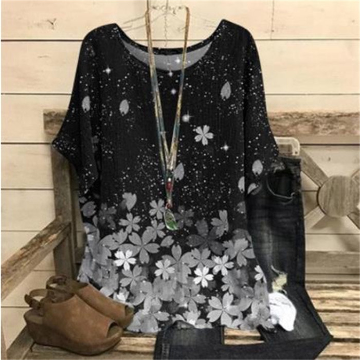 Plus Size Elegant T-shirt Women's Plus Casual Floral Print Round Neck Half Sleeve Tee