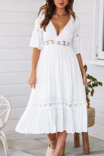 Short Sleeve Hollow Out V-neck   Wedding Guest Dresses