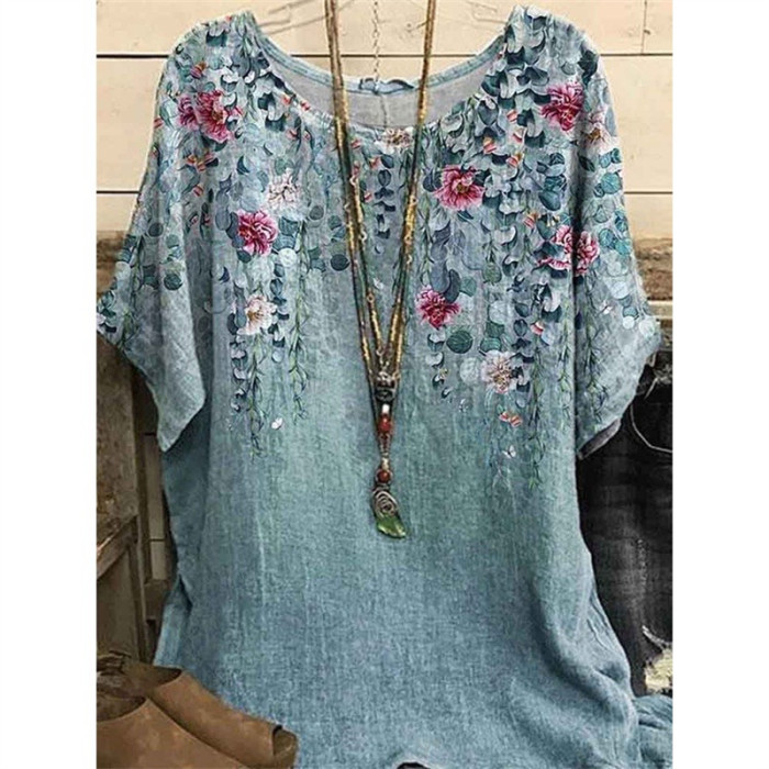Plus Size Elegant T-shirt Women's Plus Casual Floral Print Round Neck Half Sleeve Tee