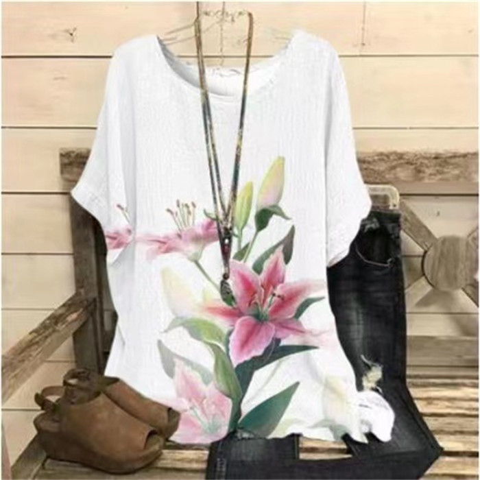 Plus Size Elegant T-shirt Women's Plus Casual Floral Print Round Neck Half Sleeve Tee