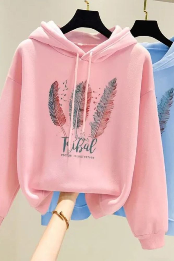 Women Fashion Feather Printed Velvet Casual Loose Sweatshirt Hoodies