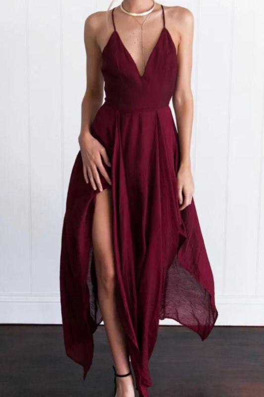 Women's Fashion V-neck Backless Split Suspender Wedding Guest Dresses