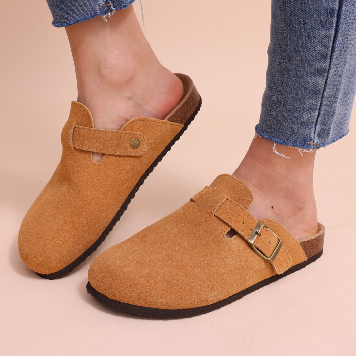 Women's Adjustable Buckle Strap Flat Mules, Retro Closed Toe Anti-skid Cork Clogs, Casual Slides Shoes