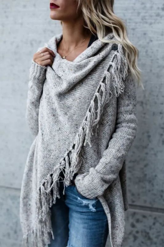 Women Knitted Sweater Cardigans Long Sleeve Tassel Oversized Cardigan