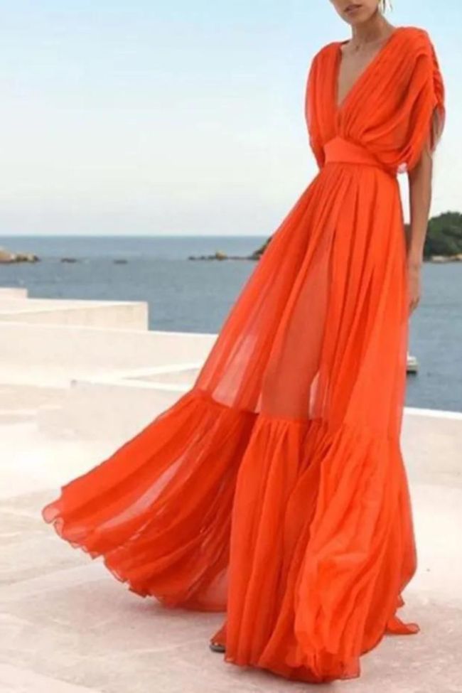 New Orange Sexy Chiffon V-Neck Wedding Guest Dresses