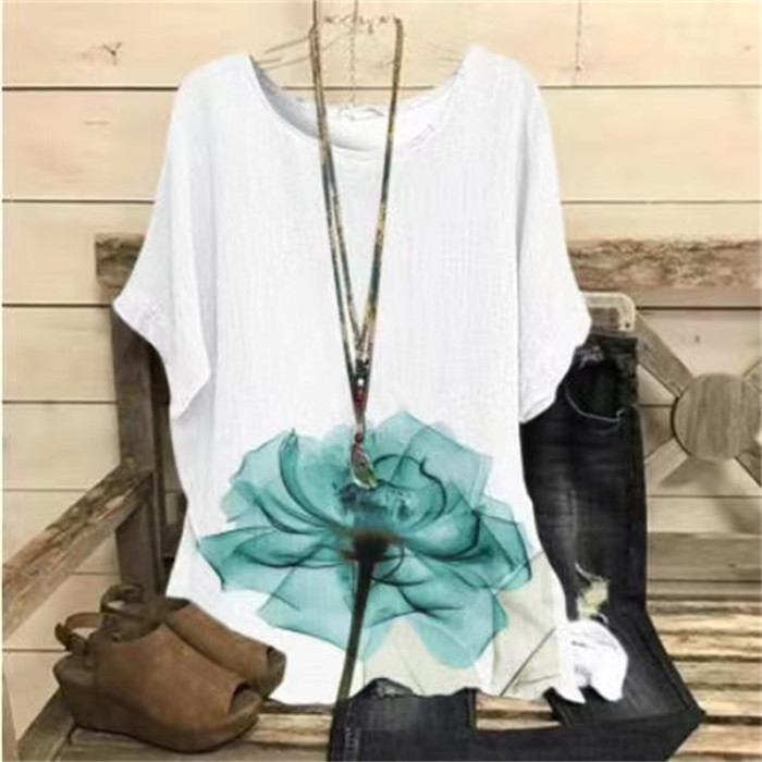 Plus Size Elegant T-shirt Women's Plus Casual Floral Print Round Neck Half Sleeve Tee