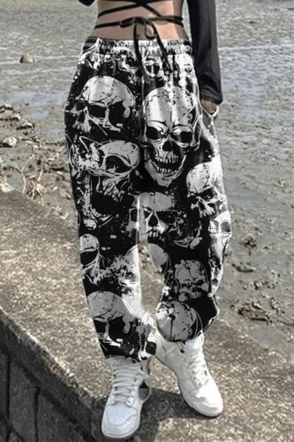 Women's Sweatpants Skull Head Print Halloween Drawstring Casual Pants