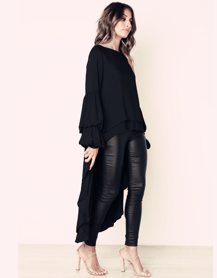 Fashion Solid Color Lantern Sleeve Casual Swallow Tail Blouse