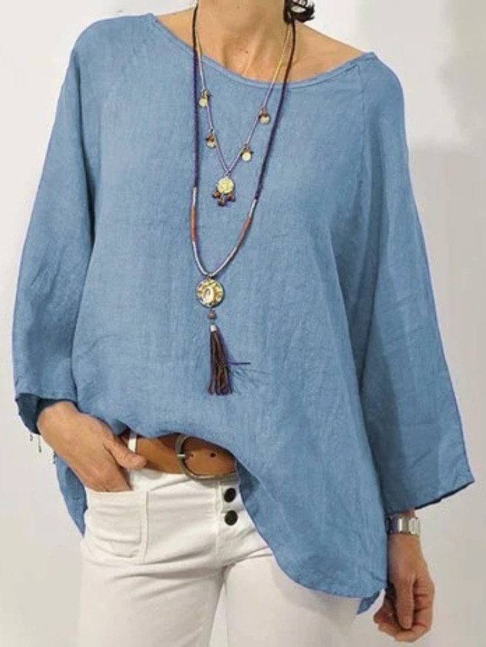 Women Long Sleeve Solid Cotton Linen Casual Blouse