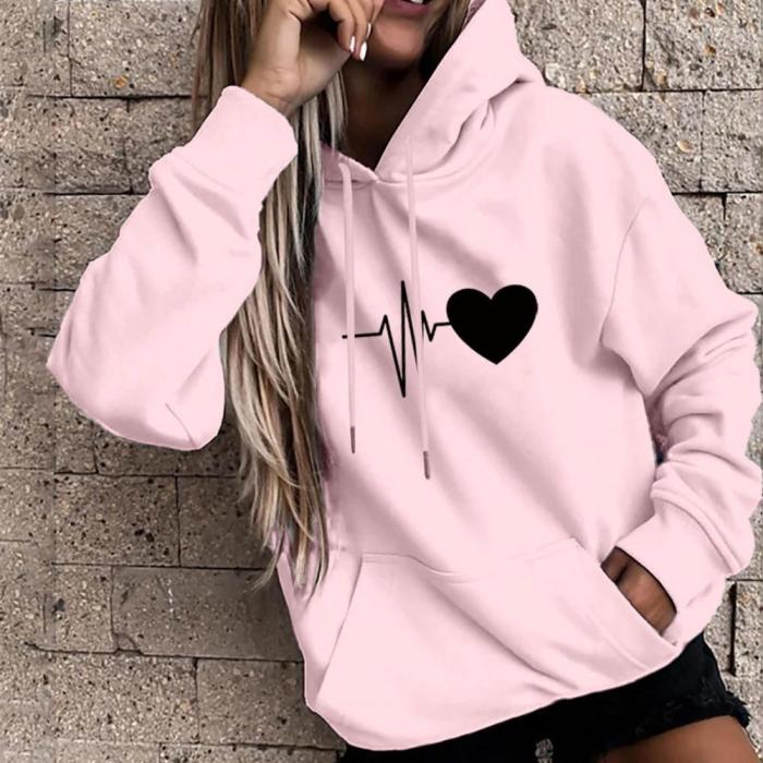 Women Drawstring Warm Drawstring Pullover Print Hoodie