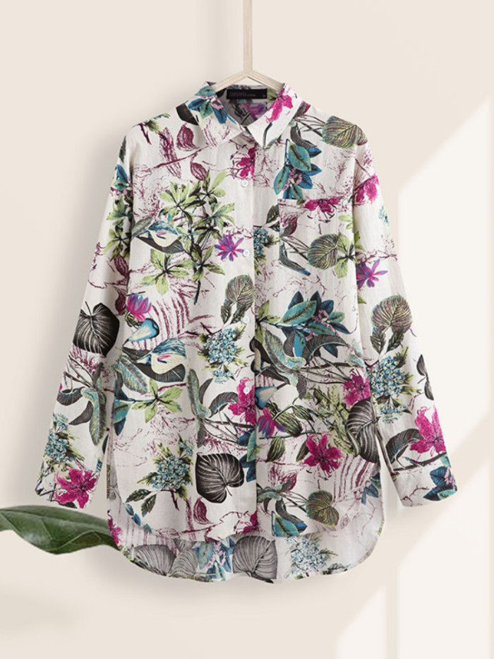 Fashion Woman Elegant Long Sleeve Loose Cotton Linen Print Blouse