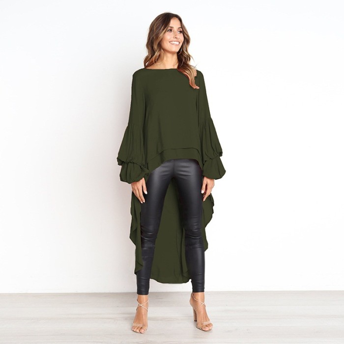 Fashion Solid Color Lantern Sleeve Casual Swallow Tail Blouse