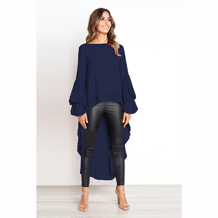 Fashion Solid Color Lantern Sleeve Casual Swallow Tail Blouse