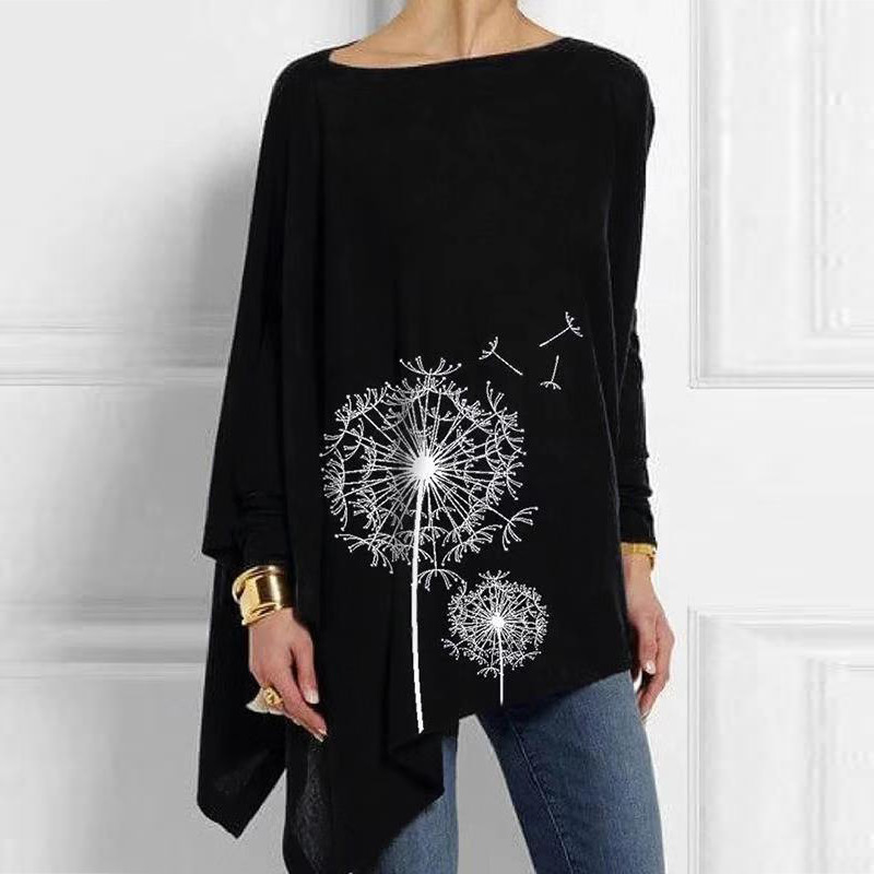 Womens Cotton Irregular Casual O Neck Long Sleeve Blouse
