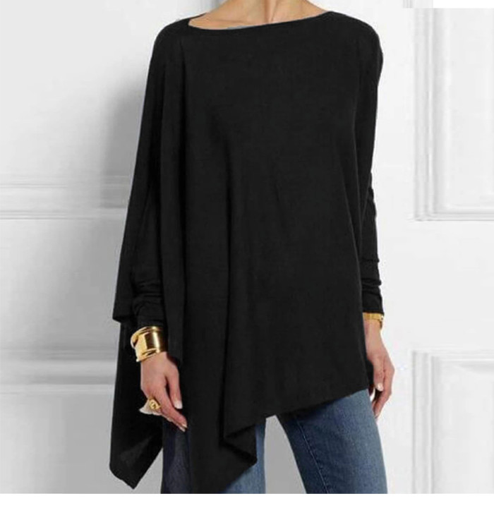 Womens Cotton Irregular Casual O Neck Long Sleeve Blouse