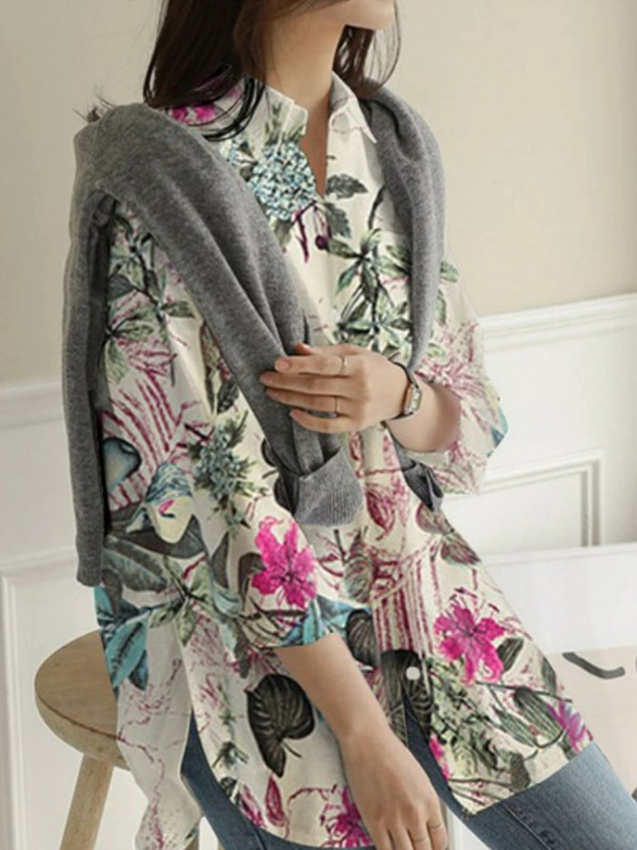 Fashion Woman Elegant Long Sleeve Loose Cotton Linen Print Blouse