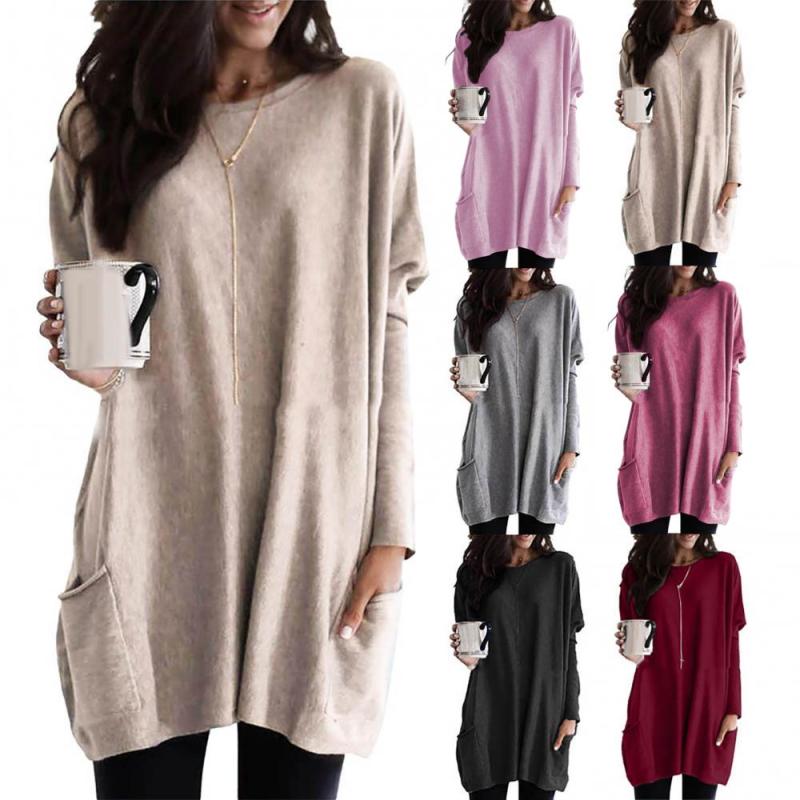 Women Fashion Long Sleeve Solid color long Blouse