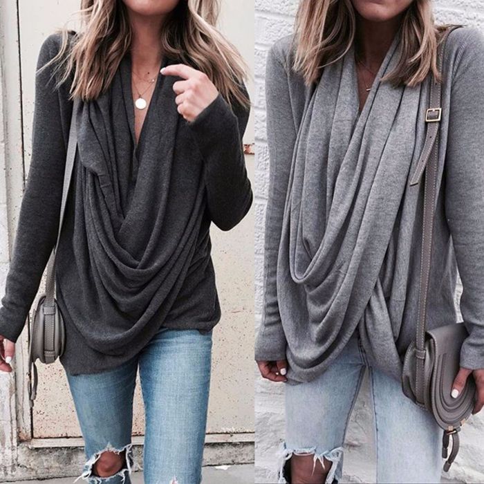 Women Sexy Vintage Big Large V Neck Loose Casual Blouse