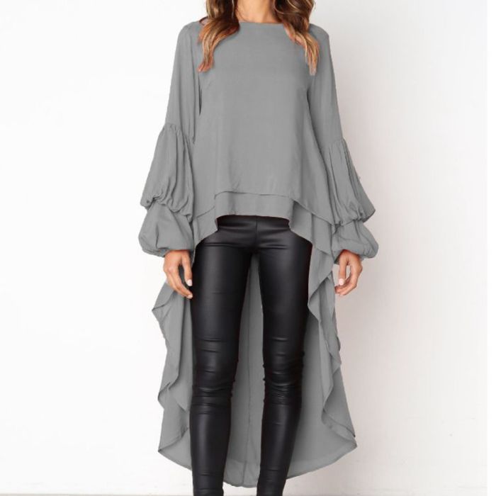 Fashion Solid Color Lantern Sleeve Casual Swallow Tail Blouse