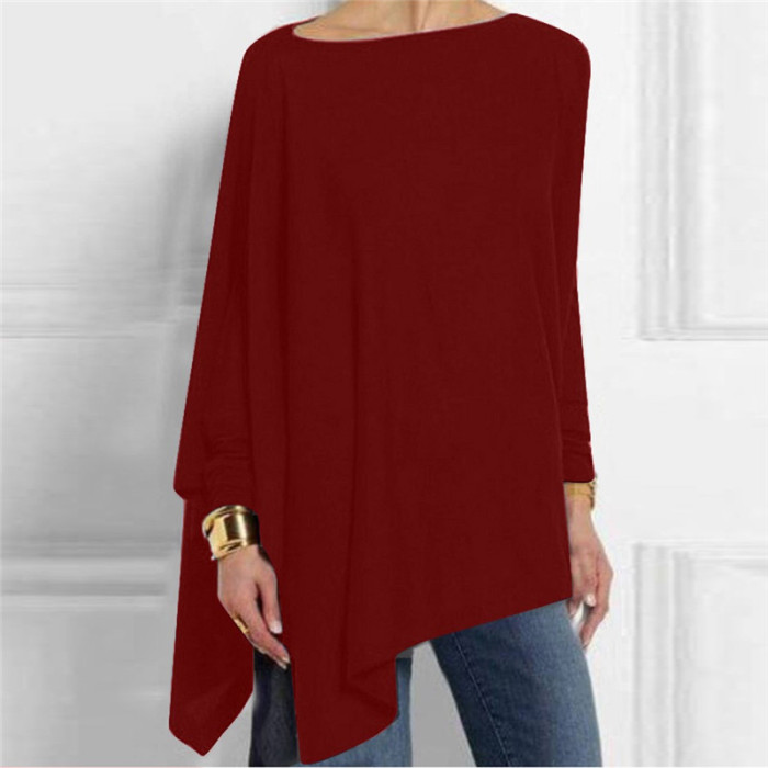 Cotton Irregular Women Solid Pullover Casual O Neck Long Sleeve Blouse