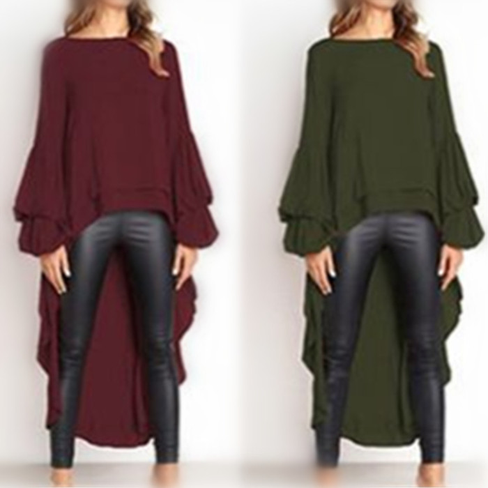 Fashion Solid Color Lantern Sleeve Casual Swallow Tail Blouse