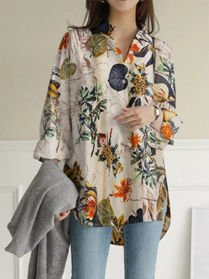 Fashion Woman Elegant Long Sleeve Loose Cotton Linen Print Blouse