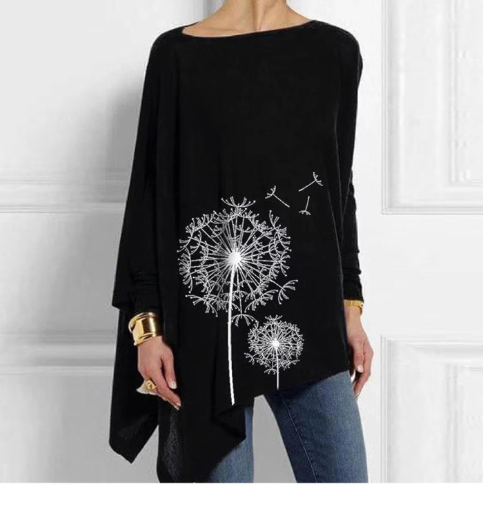 Womens Cotton Irregular Casual O Neck Long Sleeve Blouse