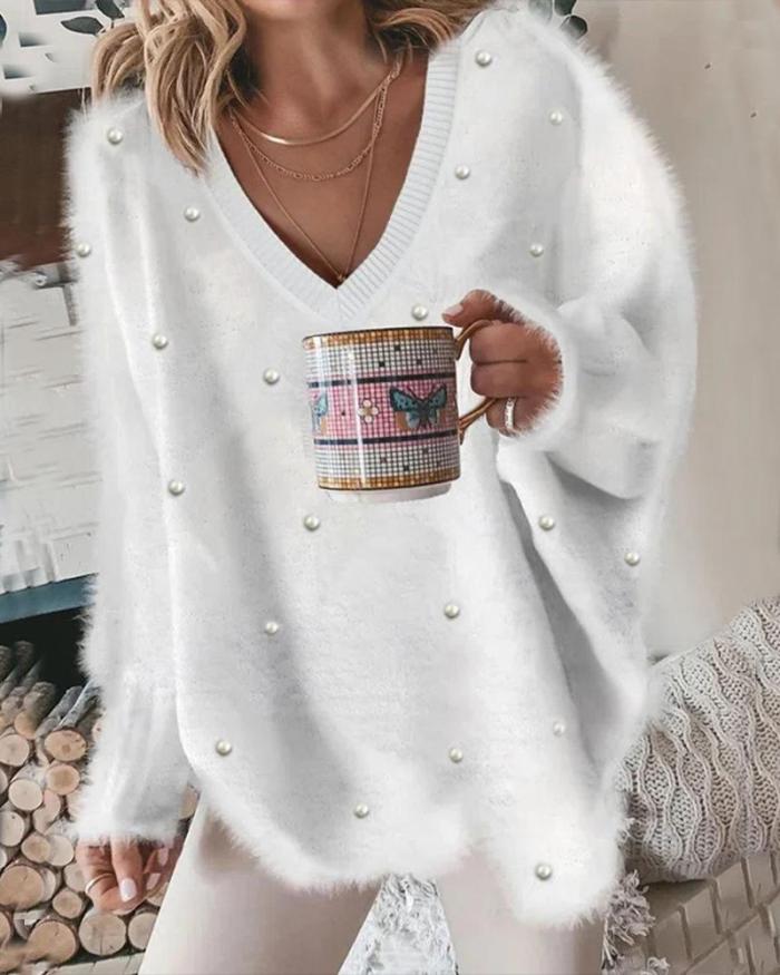 Women Pullover V Neck Solid Color Loose Fashion Beaded Decor Long Sleeve Fluffy Sweater