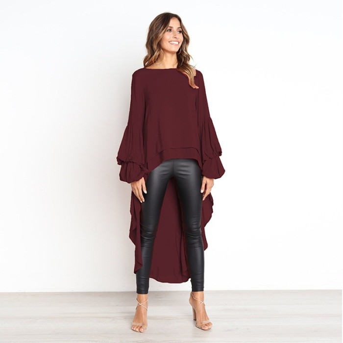 Fashion Solid Color Lantern Sleeve Casual Swallow Tail Blouse