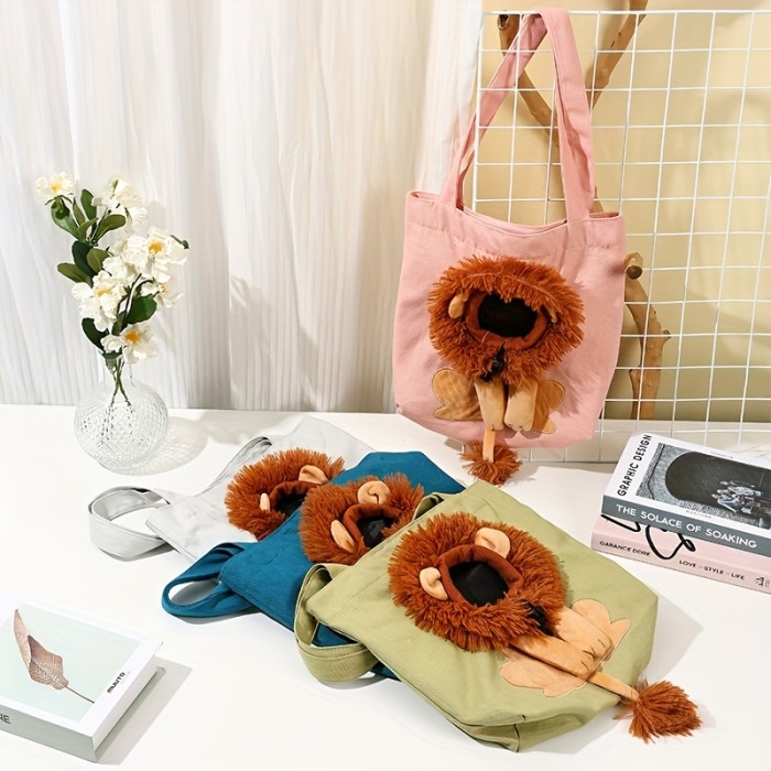 Cute Lion-Shaped Pet Canvas Shoulder Bag Cat Carrier, Pet Canvas Shoulder Carrying Bag