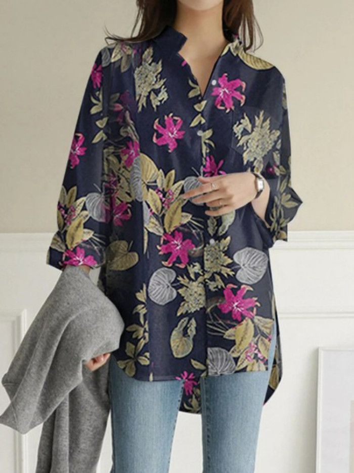 Fashion Woman Elegant Long Sleeve Loose Cotton Linen Print Blouse