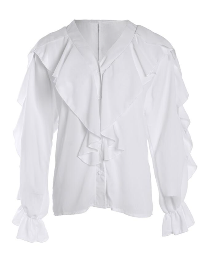 Solid Color Long Sleeve Loose Fashion Ruffles Casual Blouse
