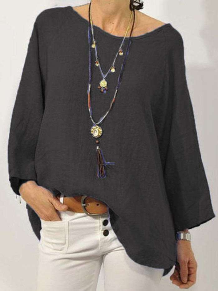 Women Long Sleeve Solid Cotton Linen Casual Blouse