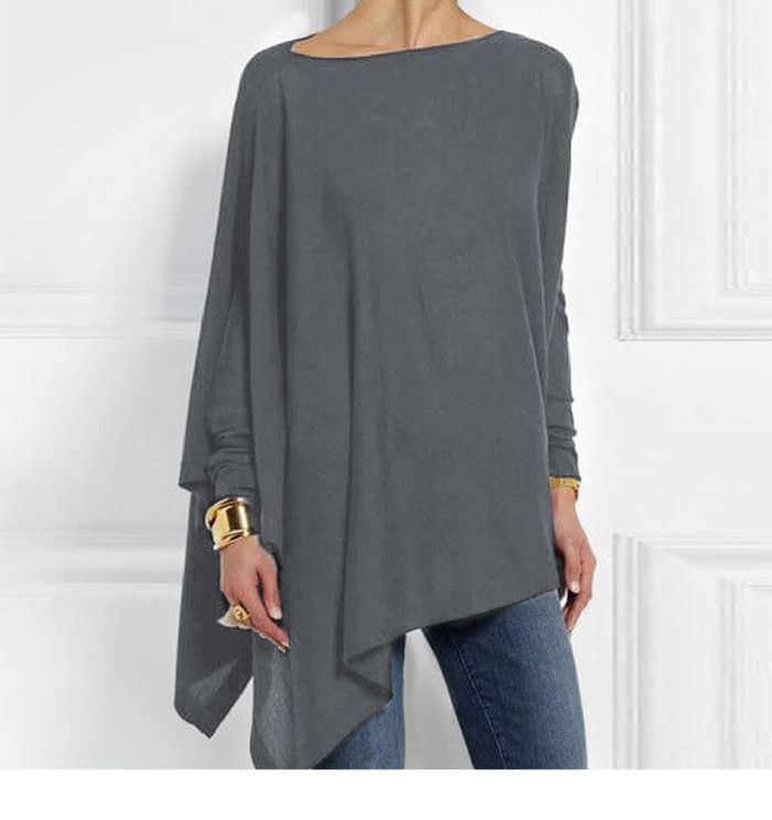 Womens Cotton Irregular Casual O Neck Long Sleeve Blouse