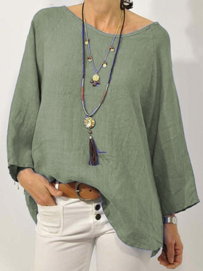 Women Long Sleeve Solid Cotton Linen Casual Blouse