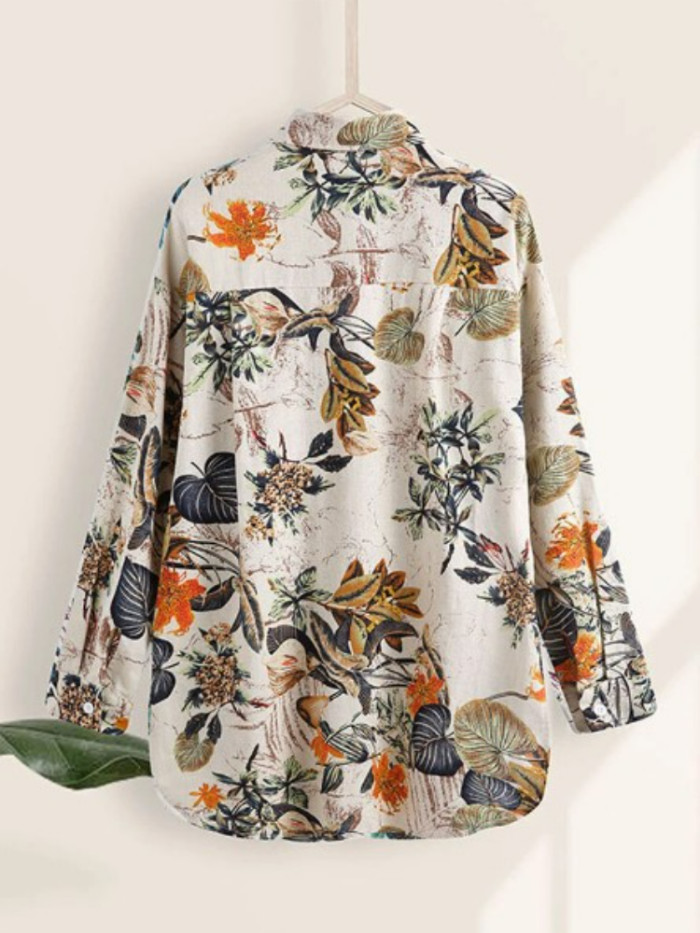 Fashion Woman Elegant Long Sleeve Loose Cotton Linen Print Blouse