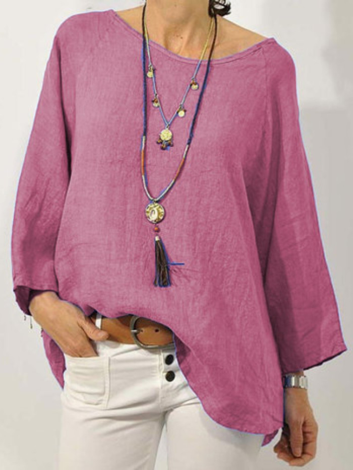 Women Long Sleeve Solid Cotton Linen Casual Blouse