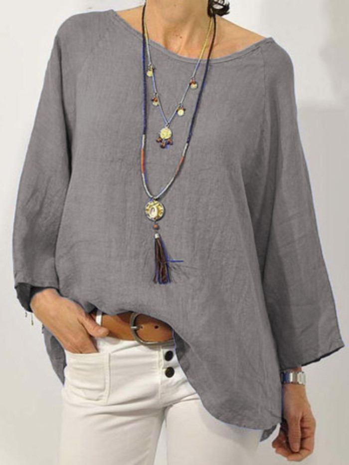 Women Long Sleeve Solid Cotton Linen Casual Blouse