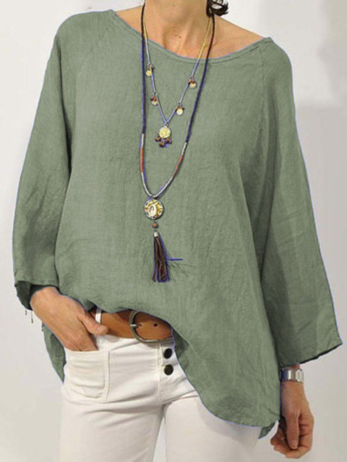 Women Long Sleeve Solid Cotton Linen Casual Blouse