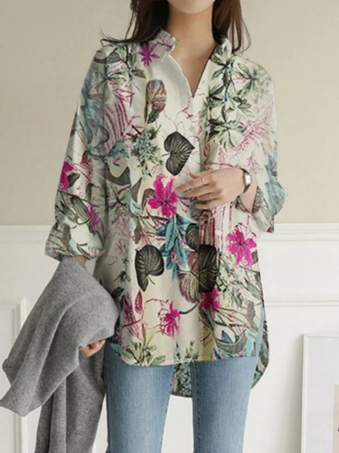 Fashion Woman Elegant Long Sleeve Loose Cotton Linen Print Blouse