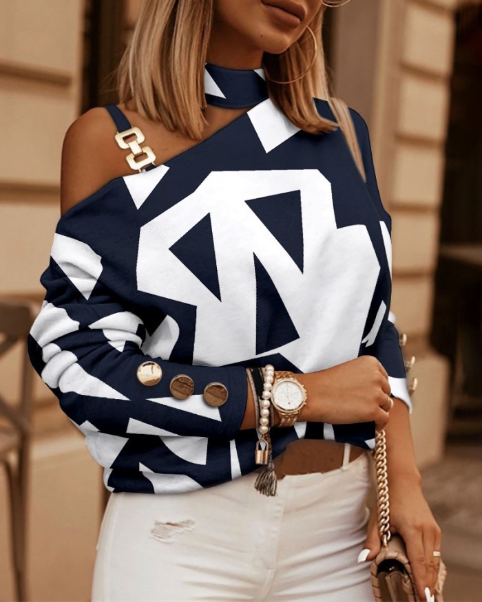 Women's Sexy Open-shoulder Hollowed-out Chain Hanging Neck Print Elegant Blouse