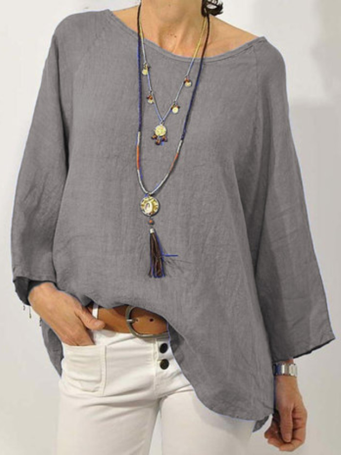 Women Long Sleeve Solid Cotton Linen Casual Blouse