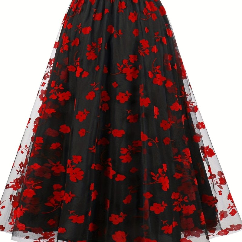 Floral Print Mesh Overlay Skirt, Elegant Skirt For Spring & Summer, Women's Clothing