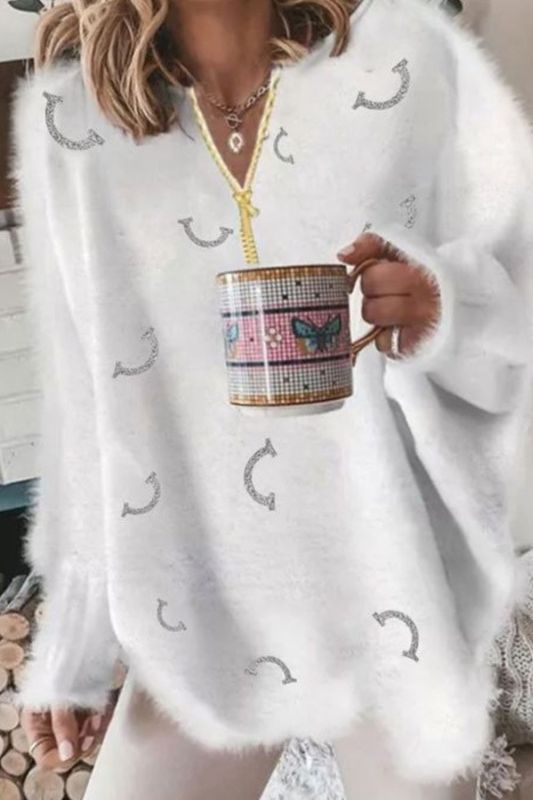 Women Pullover V Neck Solid Color Loose Fashion Beaded Decor Long Sleeve Fluffy Sweater