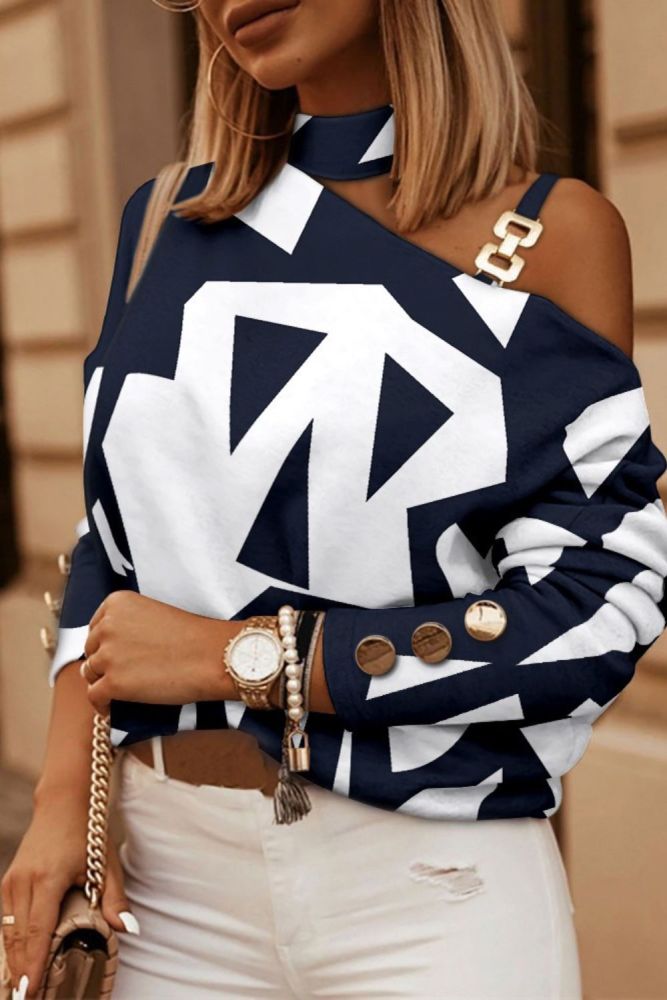 Women's Sexy Open-shoulder Hollowed-out Chain Hanging Neck Print Elegant Blouse