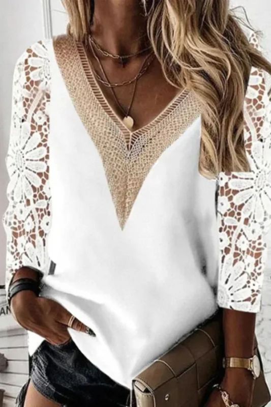 Sexy Jacquard Embroidery Lace Elegant V Neck Patchwork Blouse